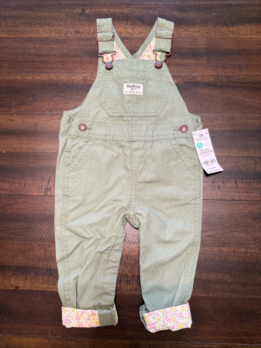 OshKosh B'gosh Olive Green Floral-Trim Overalls